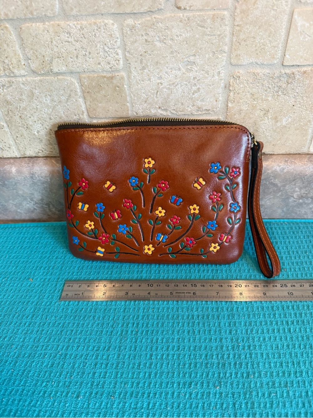 Patricia Nash Brown Leather Wristlet with Multicolor Floral Embroidery